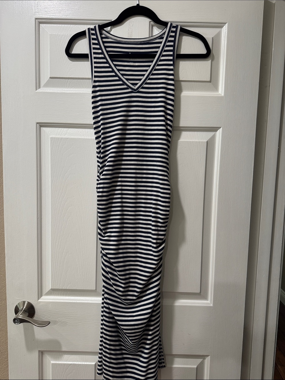 Striped V-Neck Maxi Dress in Navy & White